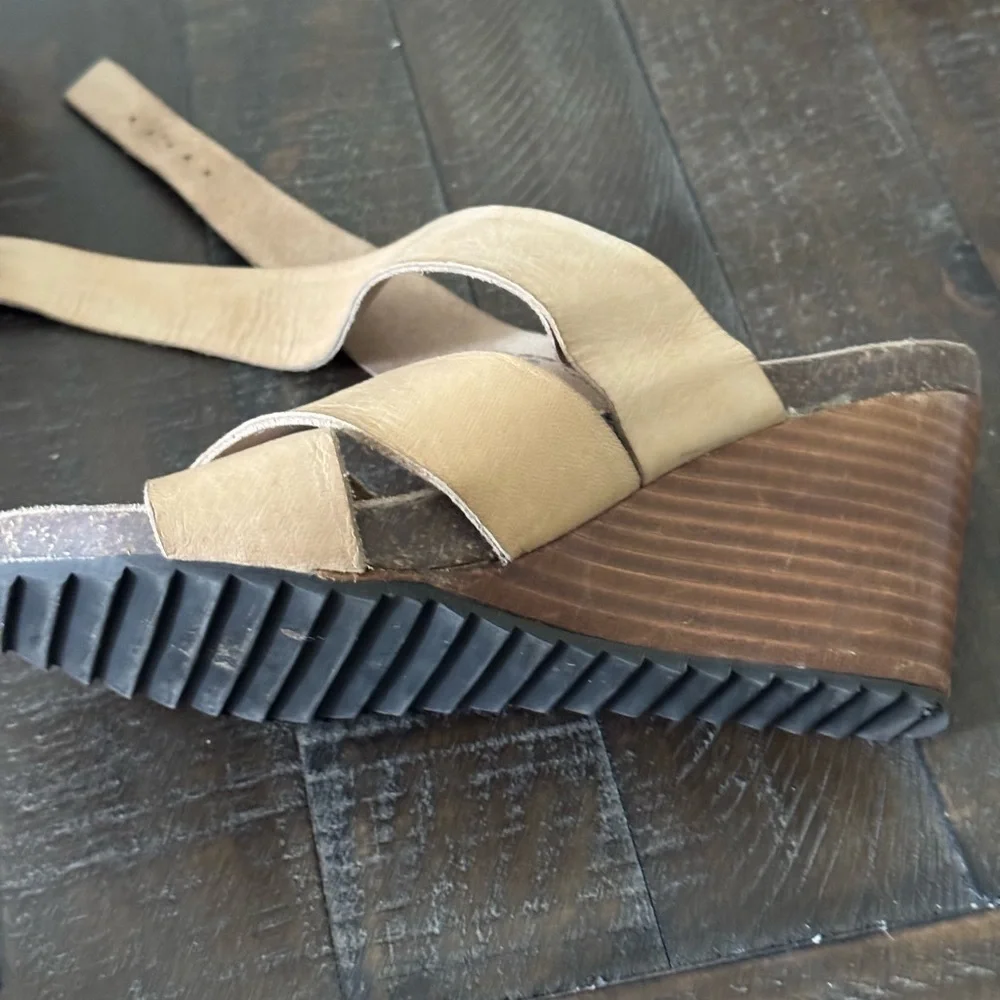Diba True Tan Wedges with Adjustable Buckle and Cork Footbed